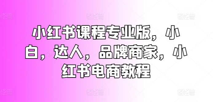 小红书课程专业版，小白，达人，品牌商家，小红书电商教程-腾哥精选