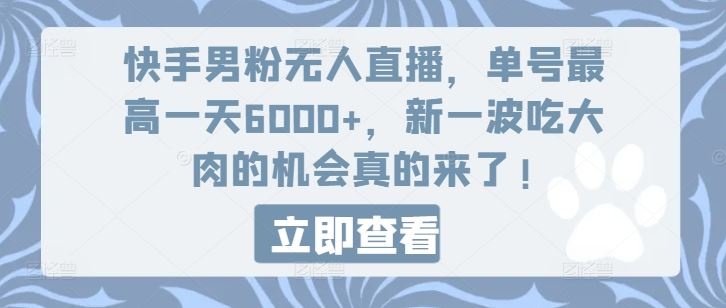 快手男粉无人直播，单号最高一天6000+，新一波吃大肉的机会真的来了-腾哥精选