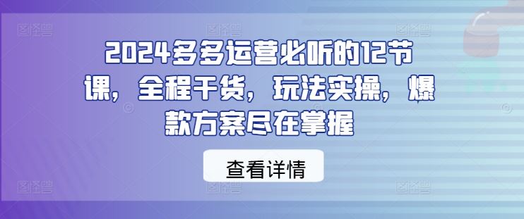 2024多多运营必听的12节课，全程干货，玩法实操，爆款方案尽在掌握-腾哥精选