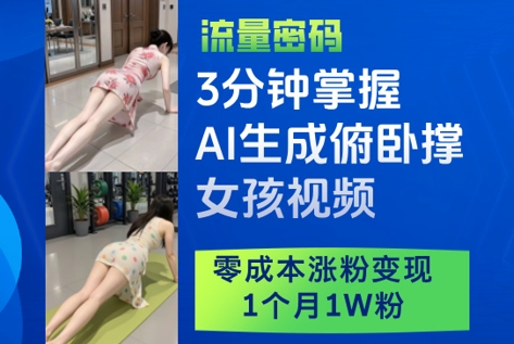 3分钟掌握AI生成俯卧撑女孩视频,零成本涨粉变现,1个月1W粉-腾哥精选