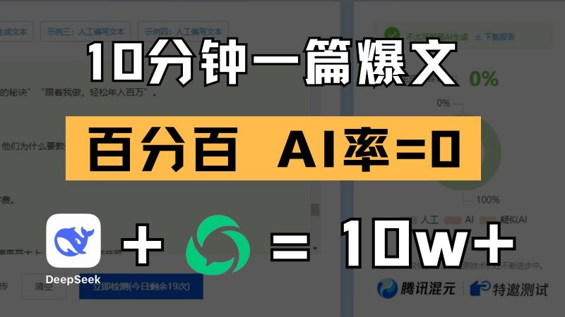 10分钟一篇爆文，百分百 AI率=0，用deepseek轻松玩转公众号爆文项目-腾哥精选